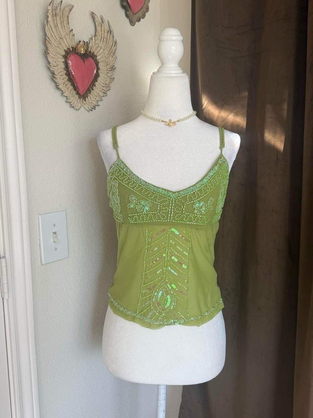Edikted Beaded Olive Green Spaghetti Strap Camisole Top